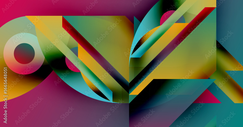 Poster abstract geometric composition. vivid colors blend, creating dynamic shapes. modern design evokes en