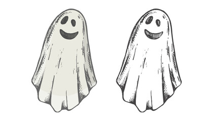 Hand drawn vintage sketch of spooky halloween ghost character with smiling face in color and monochrome versions illustration
