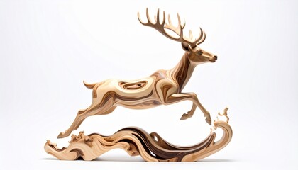 Intricately carved wooden deer sculpture mid-leap with flowing antlers and swirling base—symbolizing motion, elegance, and craftsmanship in naturalistic, stylized woodworking artistry.
