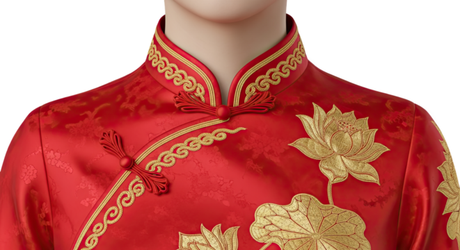 Stunning red Chinese dress with intricate gold lotus embroidery, perfect for weddings, celebrations, and elegant cultural events, auspicious