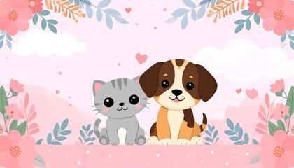 Obraz premium Cute cat and dog on a pink floral background