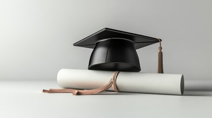 Graduation cap and diploma on a plain background. Possible use Education stock photo