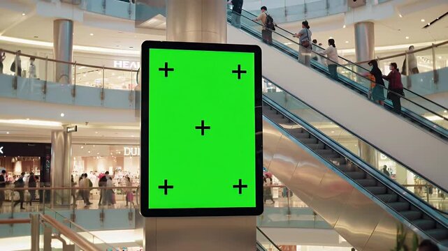 Modern shopping mall with dynamic green screen display for advertising and marketing videos