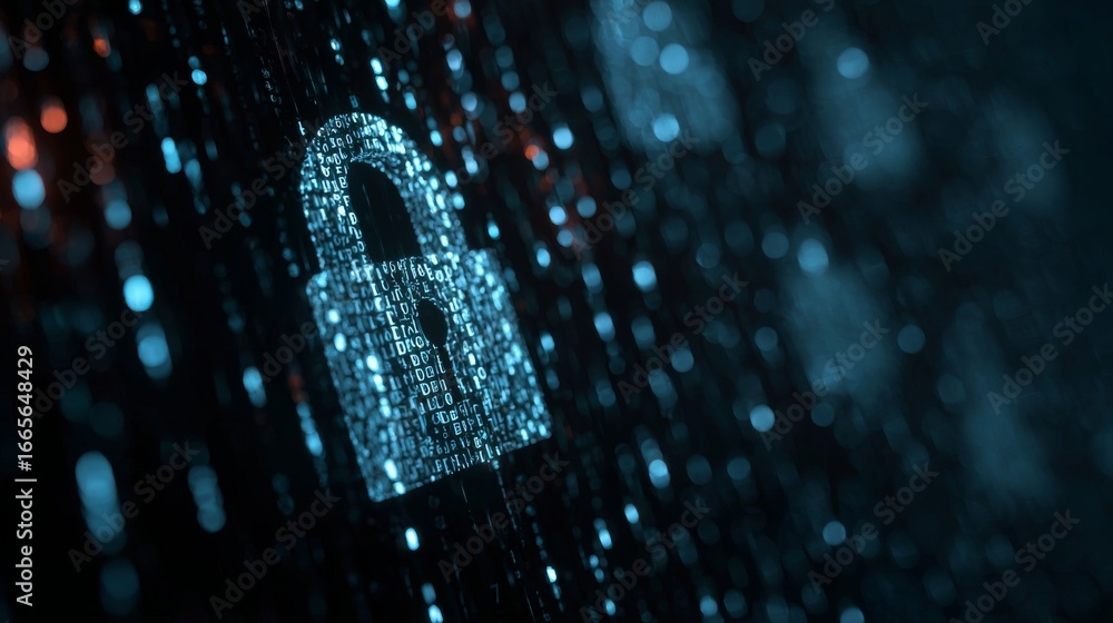Poster futuristic shield icon representing cybersecurity and privacy, digital data protection concept with 