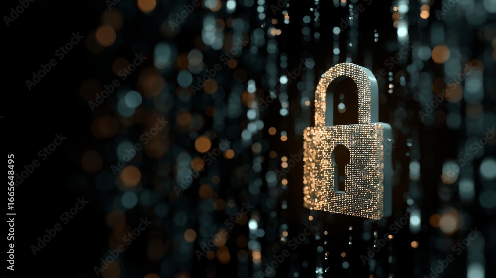 Poster futuristic shield icon representing cybersecurity and privacy, digital data protection concept with 