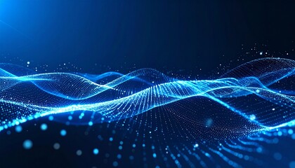 Glowing blue waveforms and data streams flowing across dark background—symbolizing digital energy, motion, and abstract connectivity in futuristic tech and sound visualization context.