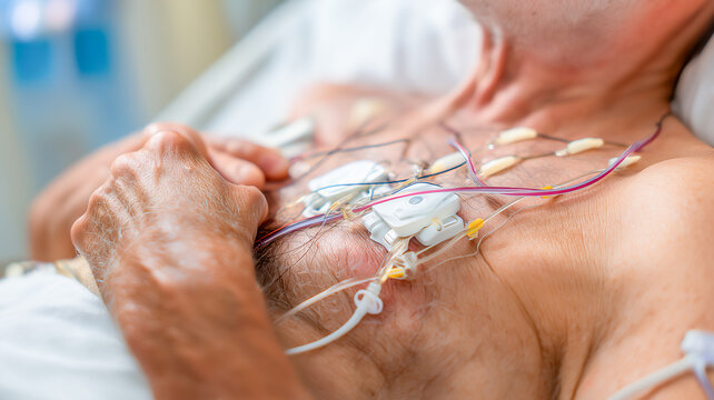 Senior man in hospital bed with medical devices monitoring vital signs recovery - Powered by Adobe