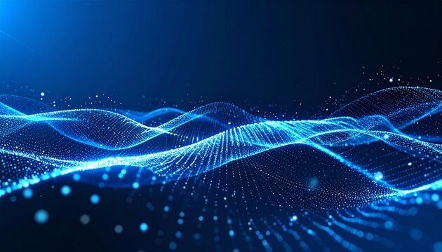 Glowing blue waveforms and data streams flowing across dark background—symbolizing digital energy, motion, and abstract connectivity in futuristic tech and sound visualization context.