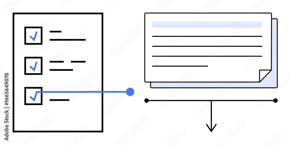 Poster checklist with completed tasks connected to a document representing data flow and processing. ideal 
