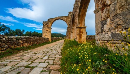 A paved path winds through ancient ruins, framed by weathered stone arches and vibrant yellow wildflowers under a partly cloudy sky.