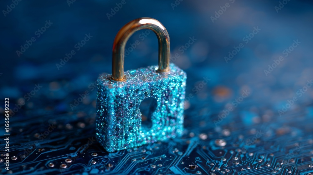Aufkleber digital holographic padlock symbol representing cybersecurity protection on futuristic blue circuit 