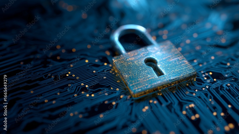 Aufkleber digital holographic padlock symbol representing cybersecurity protection on futuristic blue circuit 