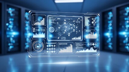 Futuristic holographic user interface with data and charts floating in a modern high tech server room. - Powered by Adobe