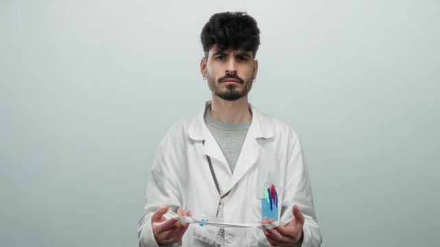 Young man in white coat holding a mask against a plain white background, conveying serious contemplation in a medical or laboratory setting during experiments.
