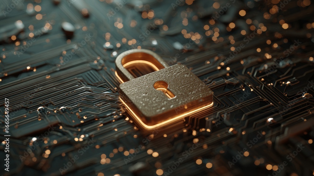 Poster futuristic digital illustration of glowing padlock symbol on blue circuit board background represent