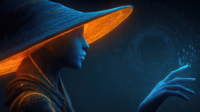 A futuristic digital figure with a glowing hat interacts with a virtual interface, showcasing a blend of technology and artistry.