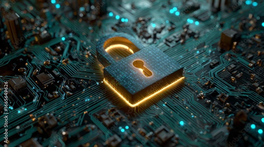 Poster futuristic digital illustration of glowing padlock symbol on blue circuit board background represent