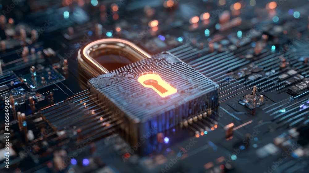 Poster futuristic digital illustration of glowing padlock symbol on blue circuit board background represent