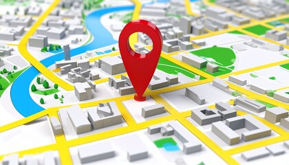 3D city map with red location pin centered over white buildings, yellow roads, and winding river—symbolizing navigation, urban planning, and pinpointed destination in digital mapping.