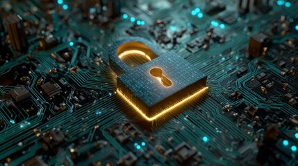 Futuristic digital illustration of glowing padlock symbol on blue circuit board background representing cybersecurity, encrypted data protection, secure global network, and advanced information techno