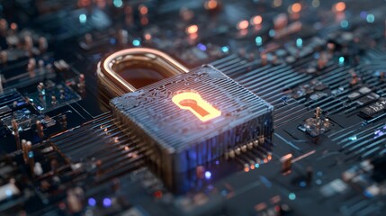 Futuristic digital illustration of glowing padlock symbol on blue circuit board background representing cybersecurity, encrypted data protection, secure global network, and advanced information techno