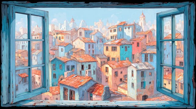 Cityscape view from a weathered window