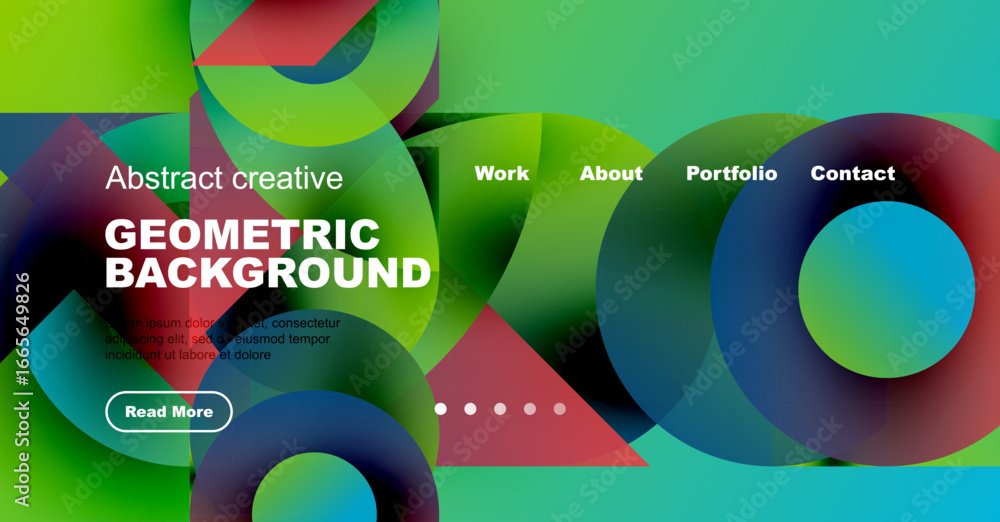 Poster vibrant geometric background features overlapping circles, text elements, navigation menu. modern de