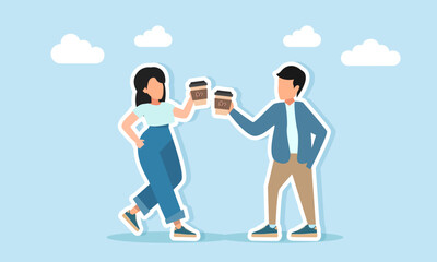 Man and woman holding coffee cup talking illustration for coffee day celebration or coffee festival