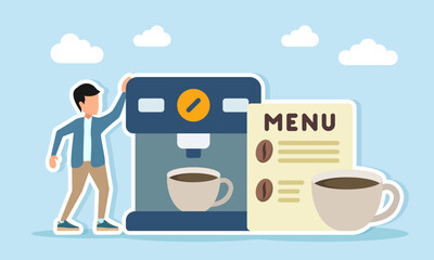 Man standing near coffee machine menu board and cup illustration for coffee day celebration or coffee festival