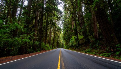 Obraz premium A paved road winds through a dense forest of towering trees, creating a serene and majestic scene.