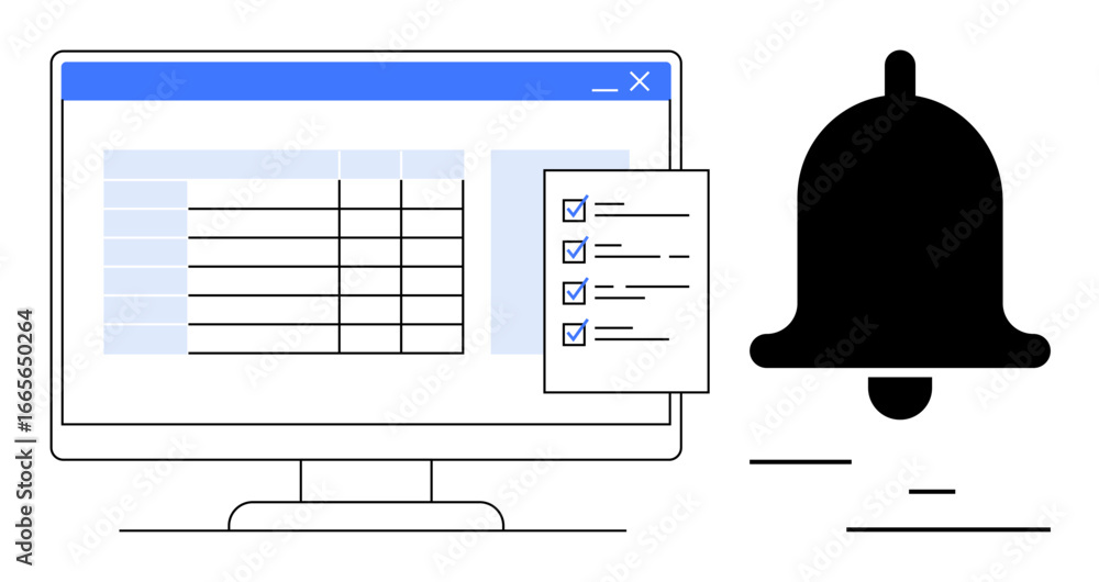 Poster computer screen displaying checklist and table alongside a notification bell. ideal for productivity