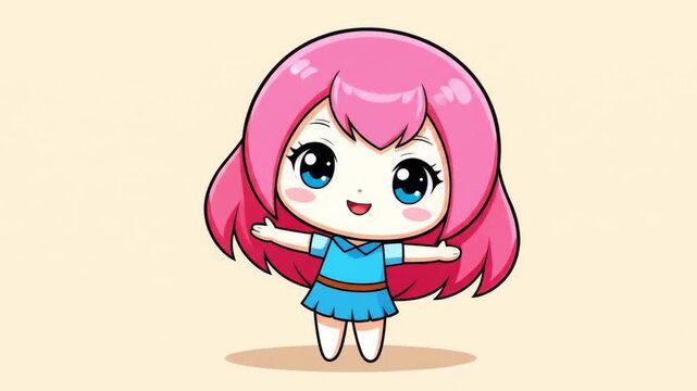 A charming illustration of a cheerful young cartoon girl with vibrant pink hair, big expressive eyes, and a welcoming posture, rendered in a cute chibi style, perfect for children's content