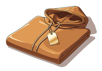 Folded brown hooded sweatshirt with drawstrings and a blank tag, casting a soft shadow on a white background.