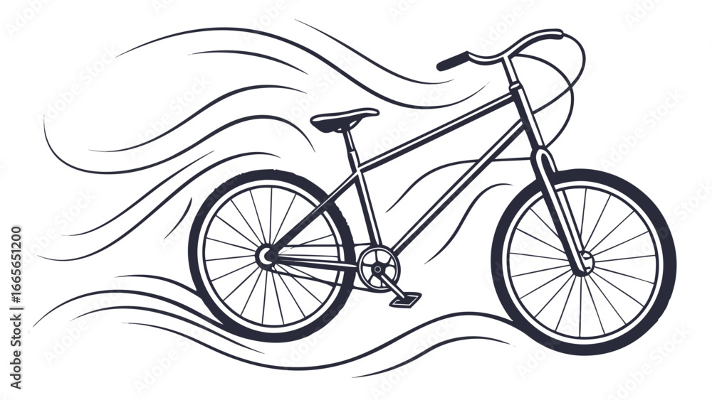 Poster dynamic illustration of a bicycle in motion with flowing lines suggesting speed and wind perfect for