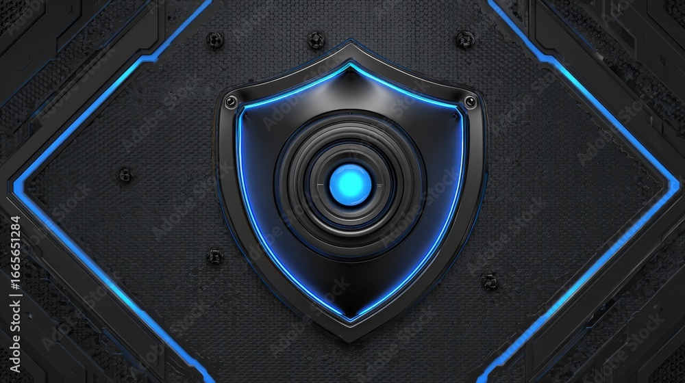 Poster futuristic glowing padlock shield with digital circuit background representing cybersecurity, encryp