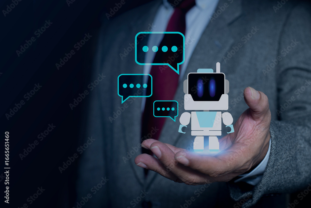 Poster ai, chatbot artificial intelligence technology concept. person interacting with ai chatbot, which is