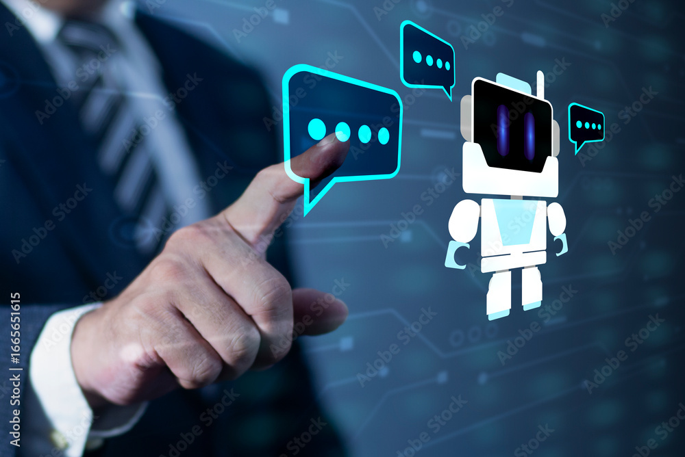 Poster person interacting with ai chatbot, which is smart robot conversation. using the command prompt to g