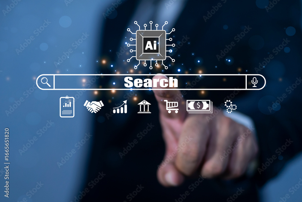 Poster businessman touch ai searching bar on websites to rank search engines or seo. search with ai assista