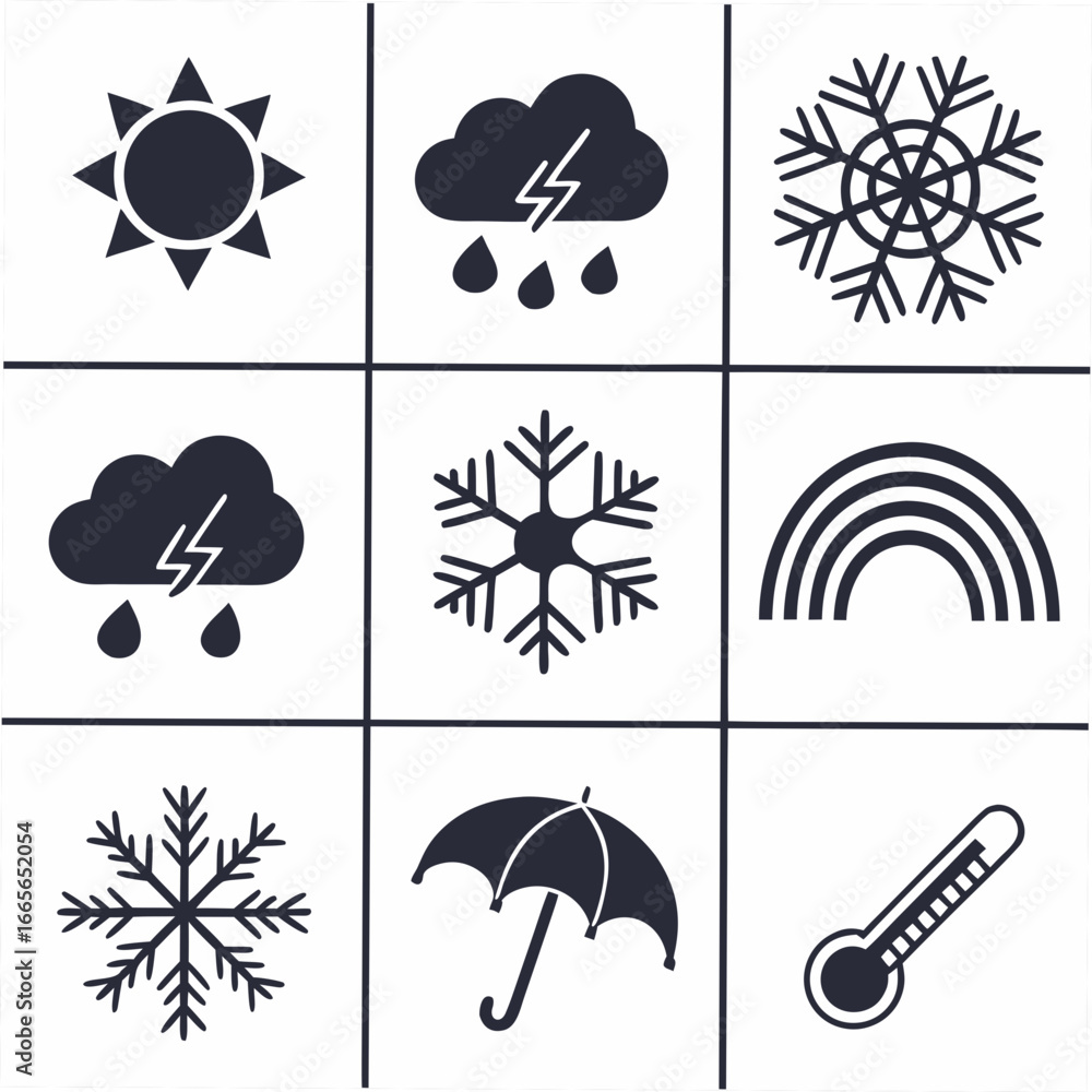Aufkleber a collection of nine simple dark grey weather icons arranged in a three by three grid on a white bac