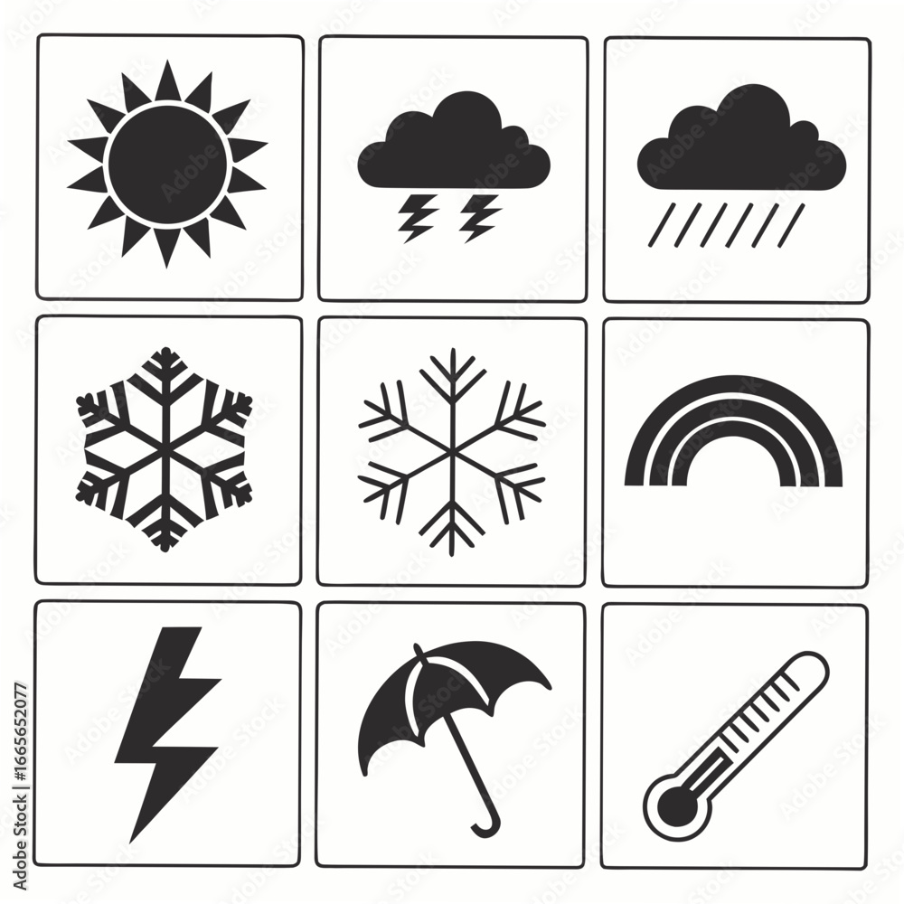 Aufkleber a collection of nine weather icons in a grid format featuring symbols for sun lightning rain snowfla
