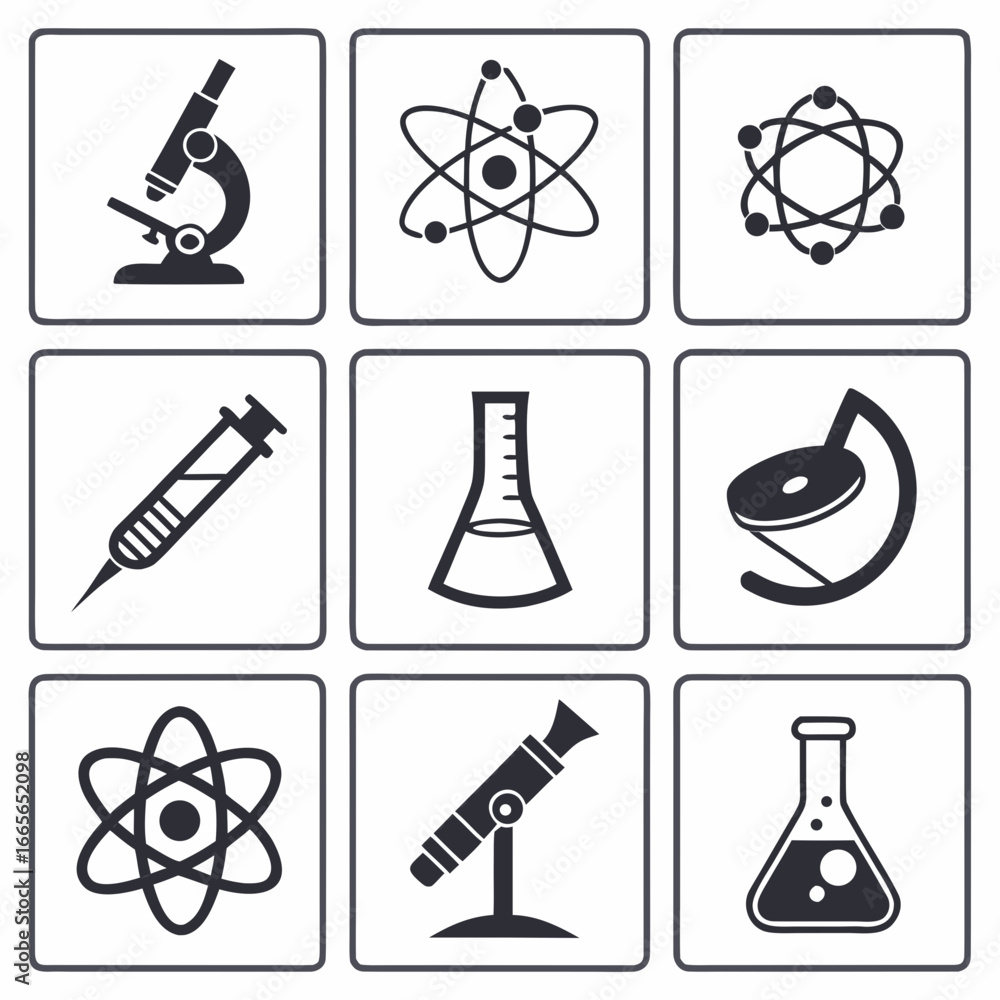 Aufkleber a collection of nine science icons including microscopes atomic models syringes and laboratory flask