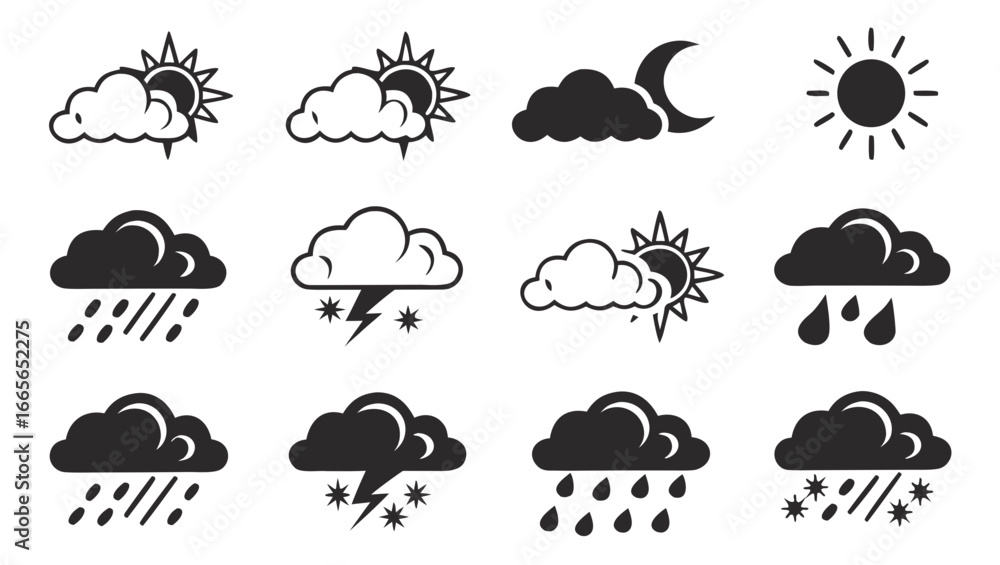 Aufkleber Collection of weather icons showing sun clouds rain lightning snow and crescent moon for forecasting and meteorological applications