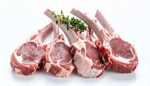 Four raw lamb chops with rib bones arranged on white surface, garnished with fresh thyme—highlighting marbled texture, culinary elegance, and the rustic charm of gourmet meat preparation.