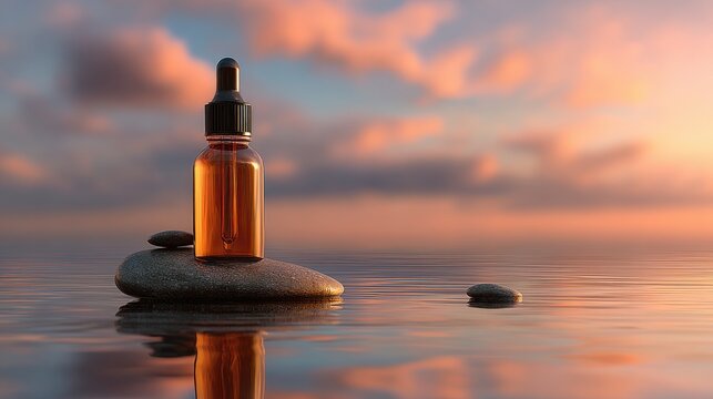 A cosmetic serum bottle balanced on zen stones in the water at sunset. - Powered by Adobe