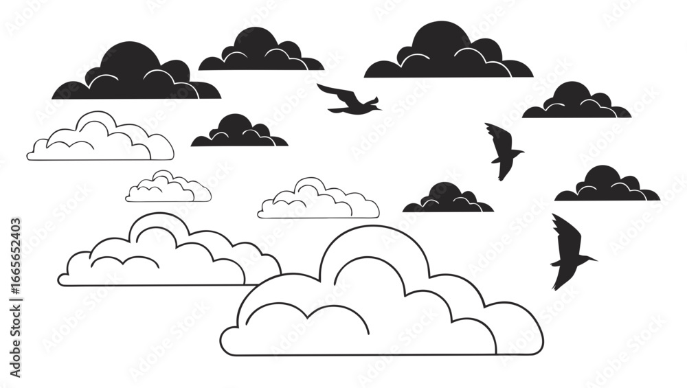Aufkleber a collection of stylized clouds in various sizes and shapes some filled with solid black and others 