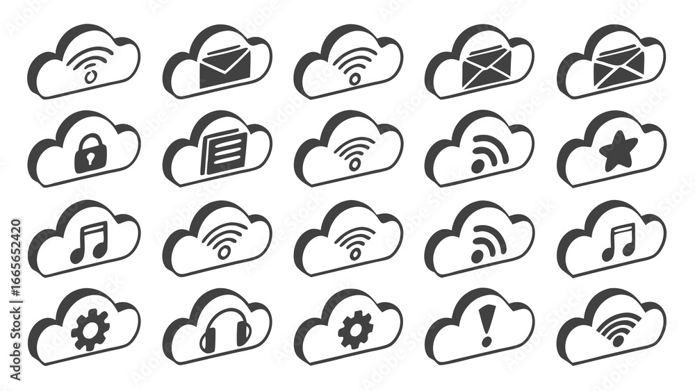 Poster a collection of isometric cloud icons representing various digital services including wi fi email se