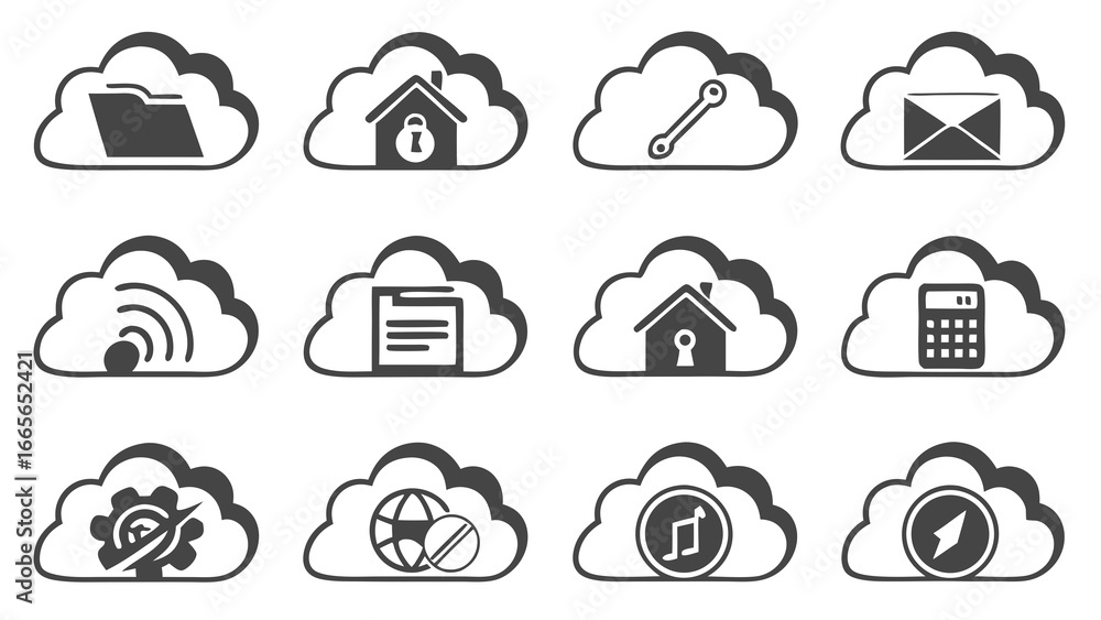 Poster collection of twelve distinct cloud computing icons representing various digital services and functi