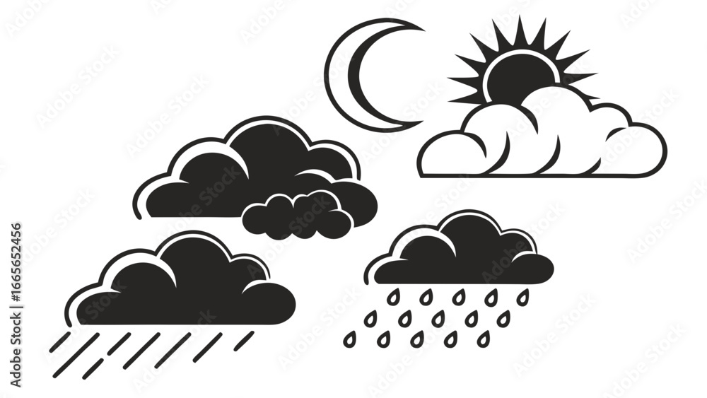 Aufkleber a collection of simple black and white vector icons depicting various weather conditions including a