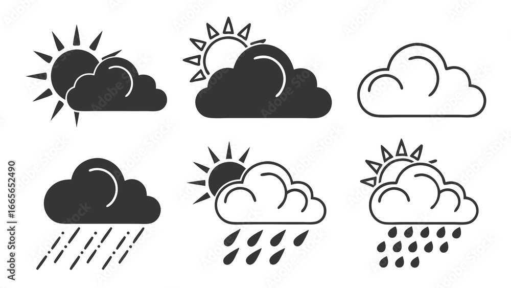 Aufkleber a collection of six weather icons representing different atmospheric conditions including sunny with