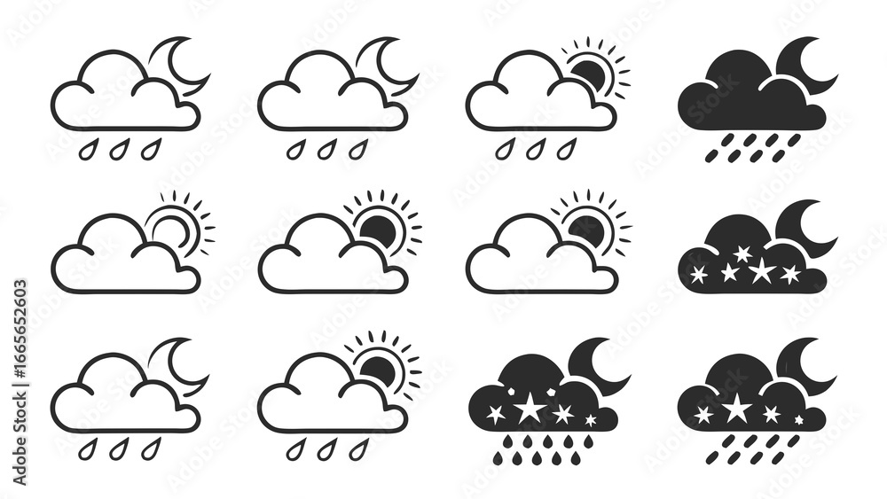 Aufkleber collection of hand drawn weather icons featuring clouds with sun moon rain and stars presented in bo